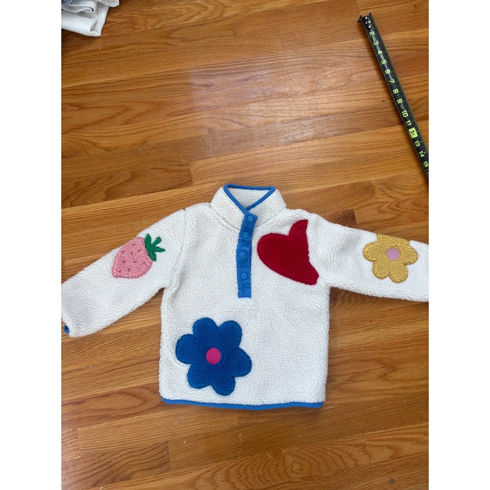 Mini Boden Kids Cream Sherpa Fleece Pullover Strawberry Flower Heart 2-3Y